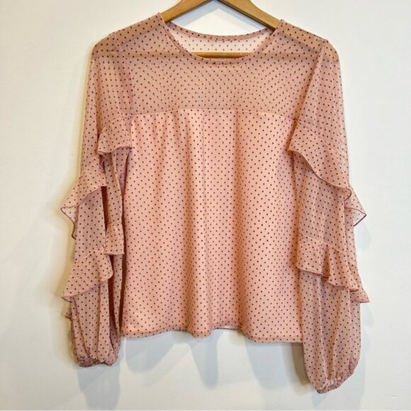 Laura Polka Dot Ruffled Mesh Sleeves Top Rose Quartz Pink - Picture 7 of 11